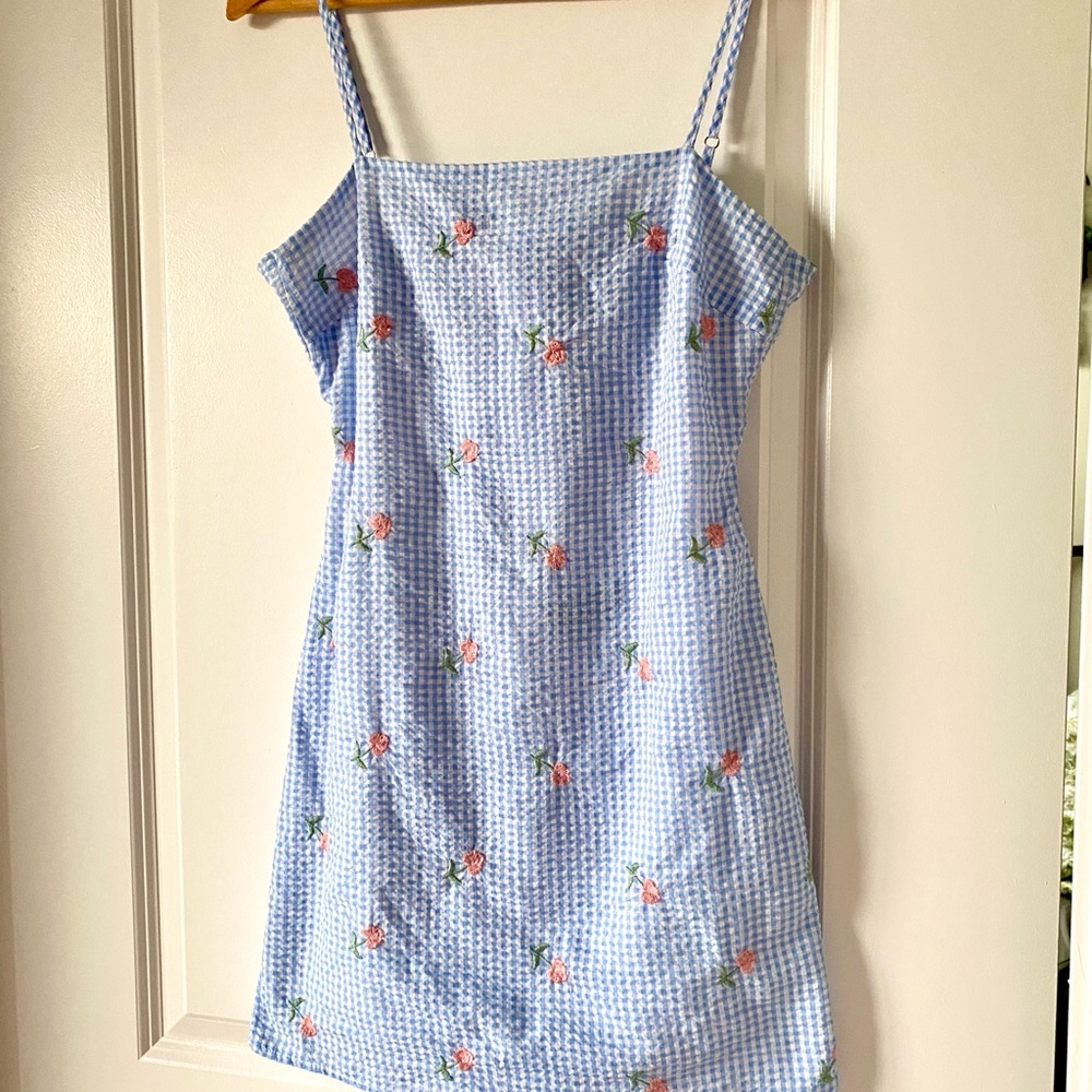 Lulu's Light Blue Gingham Mini Dress with Pink Rose Embroidery